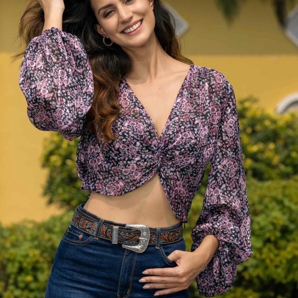 Zara Purple Floral Cropped Puff Sleeve Blouse Size M